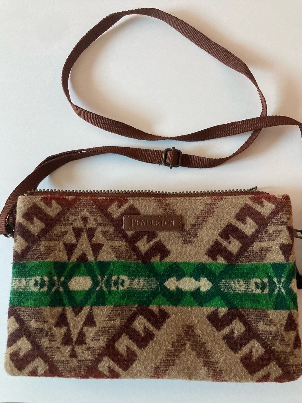 Pendleton Western Design Brown Tan and Green Wool Zip crossbody purse